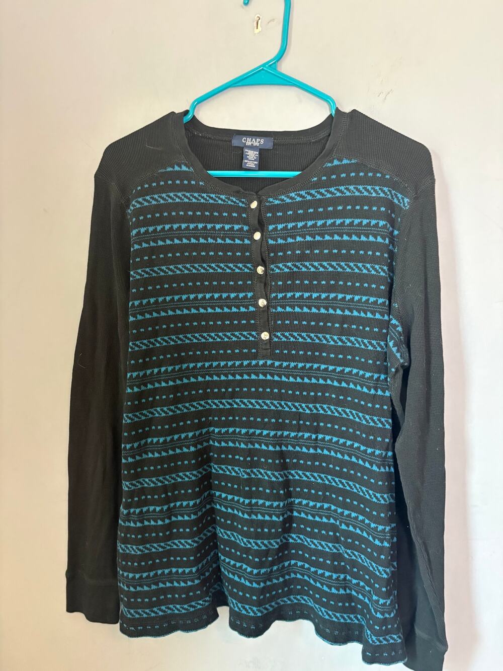 Chaps Black Blue Pattern Henley Long Sleeve Shirt Youth Size XL